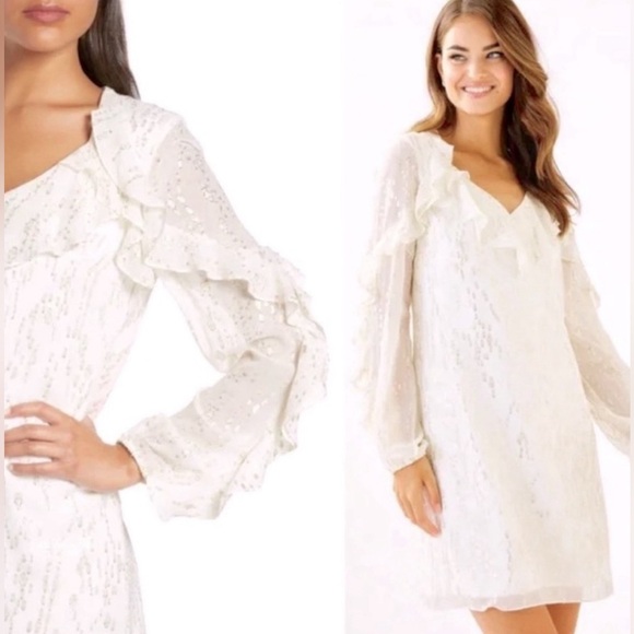 LILLY PULITZER | Belle Flounce Coconut Fish Clip Chiffon silk dress gold size 2 - Picture 9 of 9